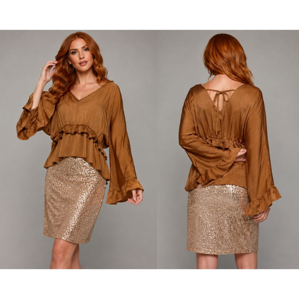 New Gigio S 4 6 Bronze Washed Art Deco Satin Bell Sleeve Peplum Blouse Back Tie